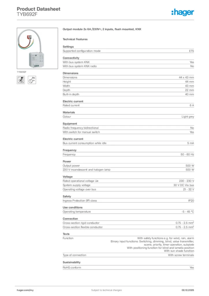 Image Hager Product data sheet TYB692F  | Hager