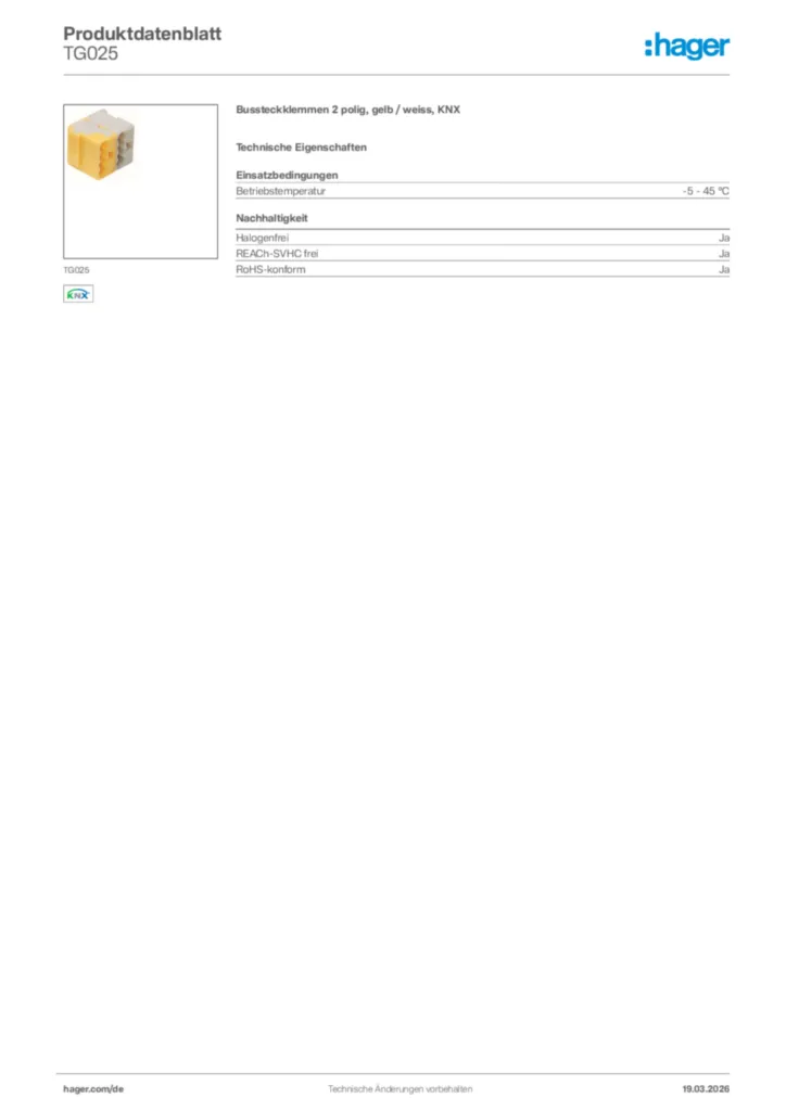 Bild Hager Produktdatenblatt TG025 | Hager Deutschland