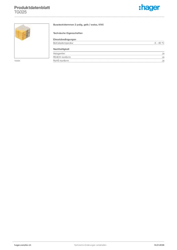 Bild Hager Produktdatenblatt TG025 | Hager Schweiz