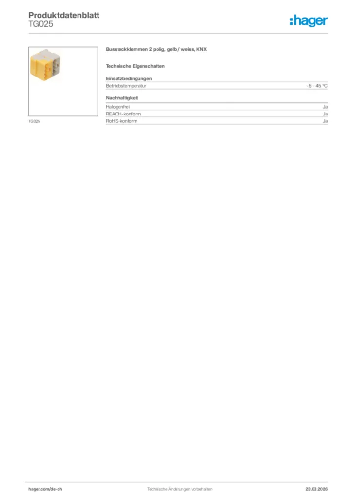 Bild Hager Produktdatenblatt TG025 | Hager Schweiz