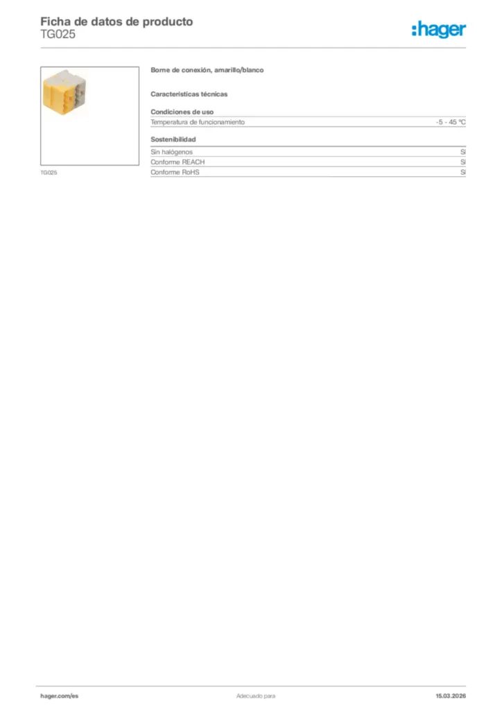 Imagen Hager Ficha de datos de producto TG025 | Hager España