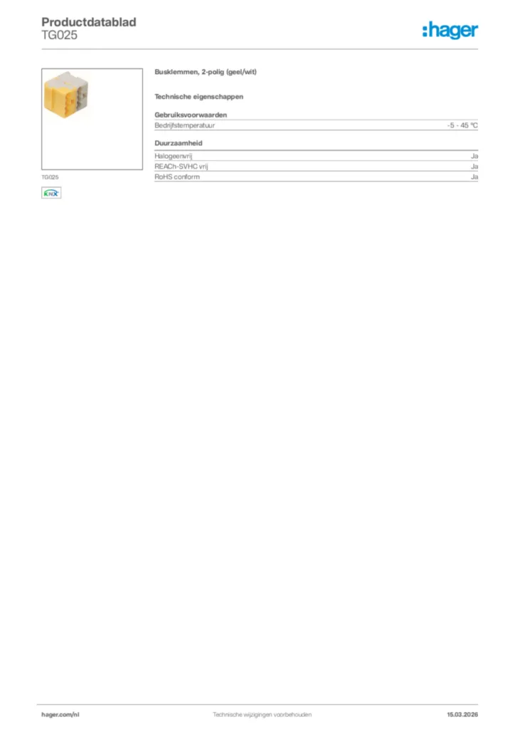 Afbeelding Hager Productdatablad TG025 | Hager Nederland