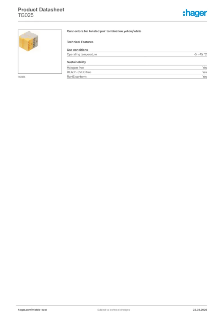 Image Hager Product data sheet TG025  | Hager
