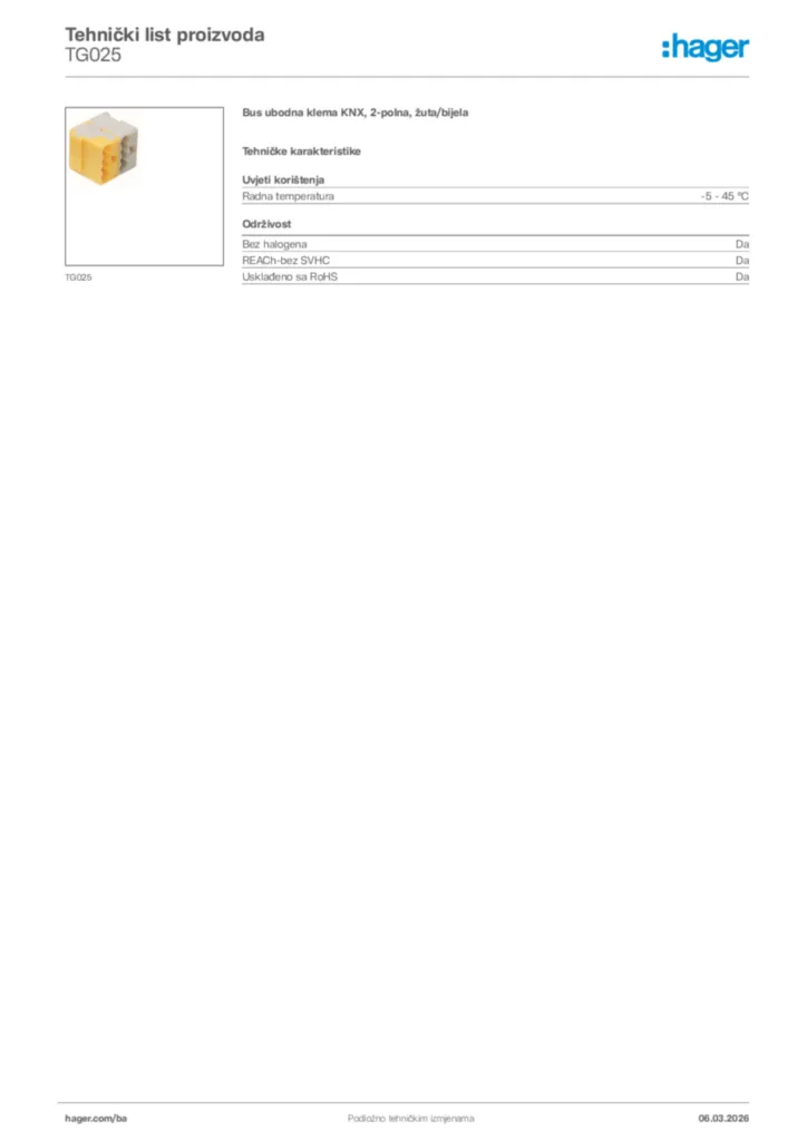 Slika Hager Tehnički list proizvoda TG025  | Hager