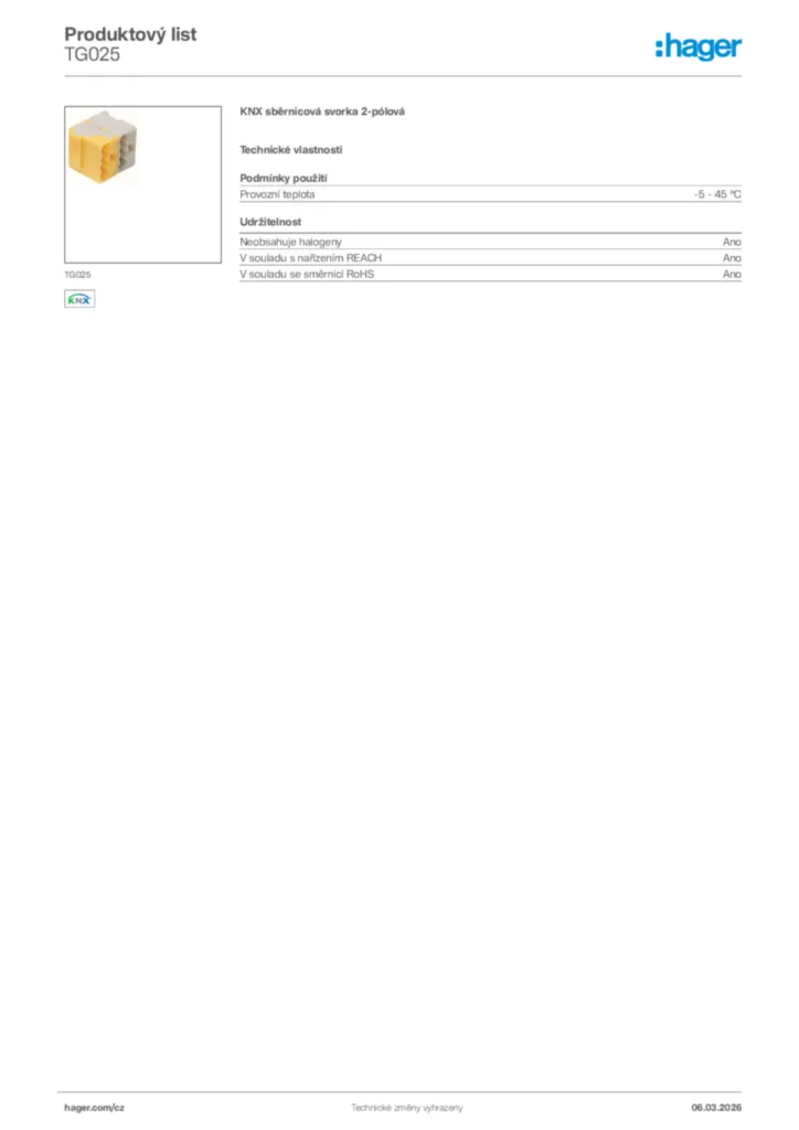 Obrázek Hager Product data sheet TG025 | Hager