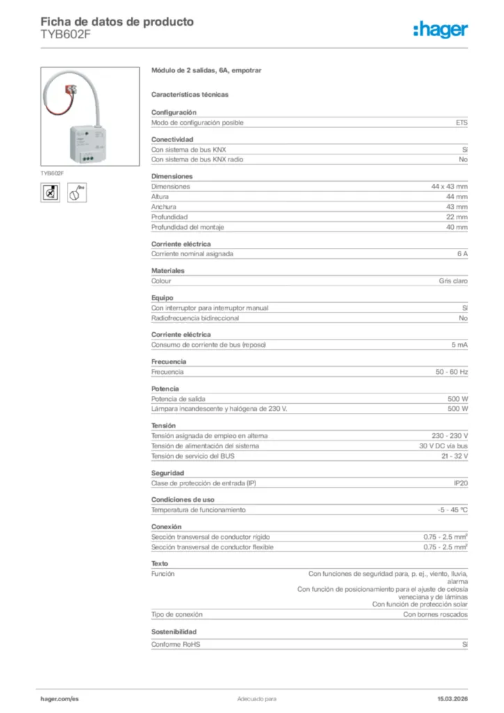 Imagen Hager Ficha de datos de producto TYB602F | Hager España