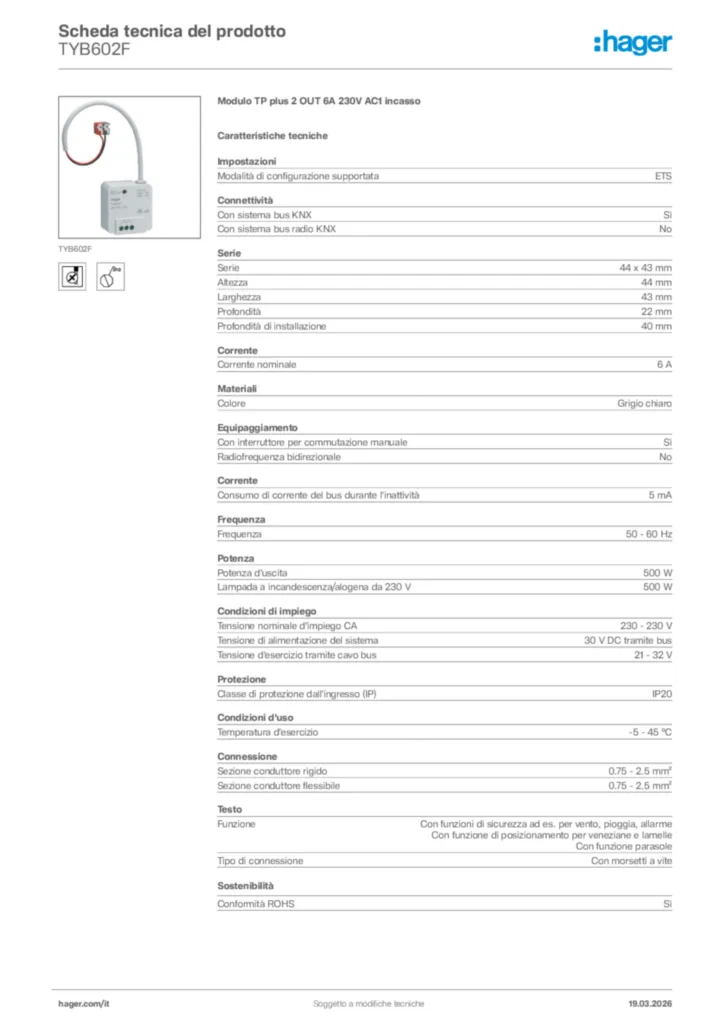 Immagine Hager Scheda tecnica del prodotto TYB602F | Hager Italia