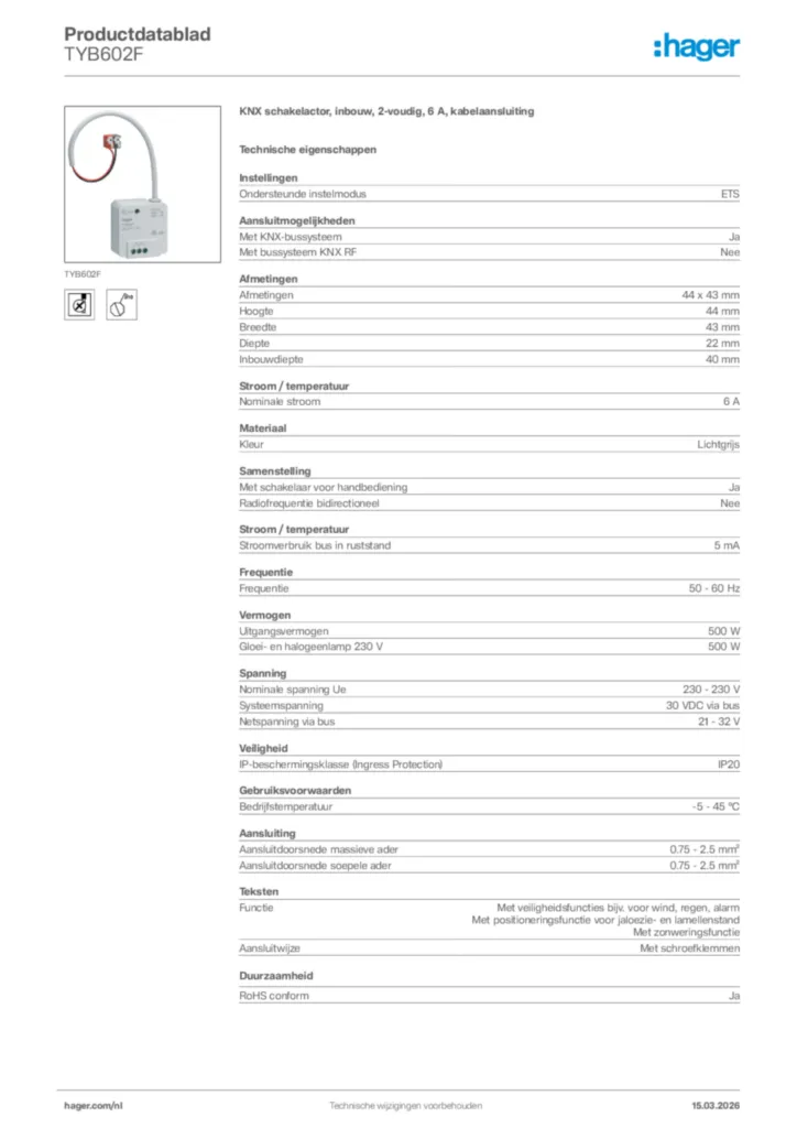 Afbeelding Hager Productdatablad TYB602F | Hager Nederland