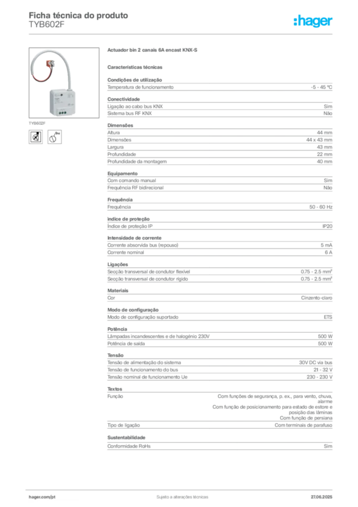 Imagem Hager Ficha técnica do produto TYB602F | Hager Portugal