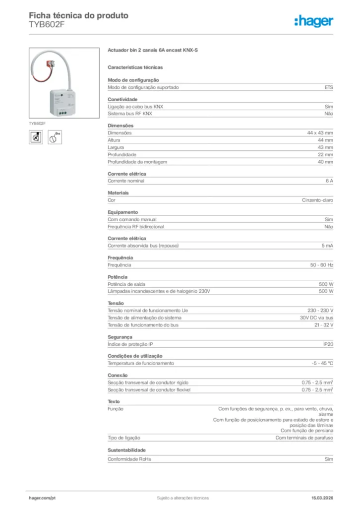 Imagem Hager Ficha técnica do produto TYB602F | Hager Portugal