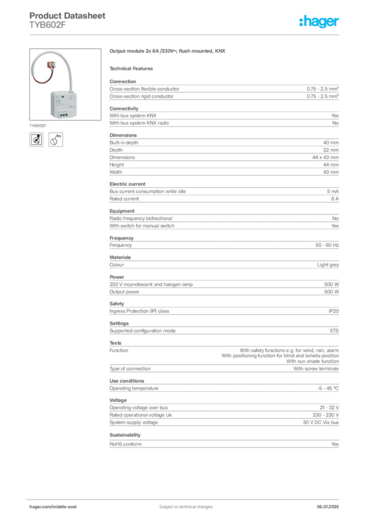 Image Hager Product data sheet TYB602F  | Hager