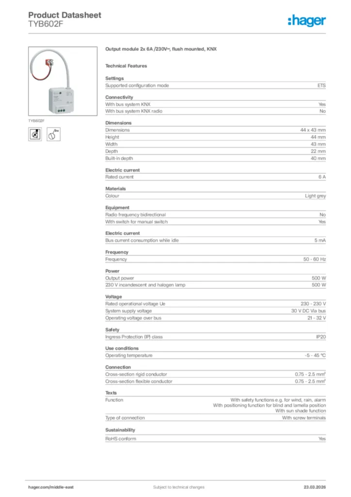 Image Hager Product data sheet TYB602F  | Hager
