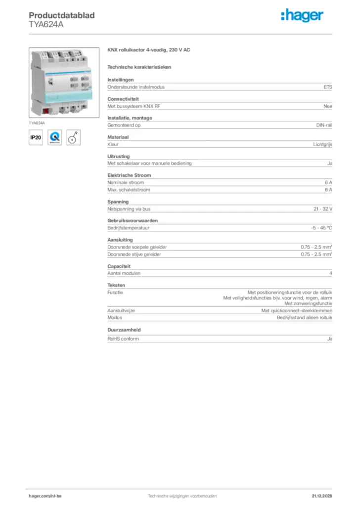 Afbeelding Hager Productdatablad TYA624A | Hager Belgium