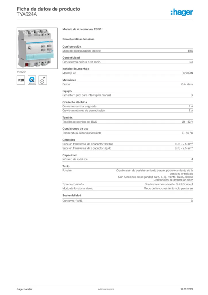 Imagen Hager Ficha de datos de producto TYA624A | Hager España