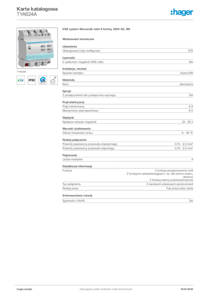 Zdjęcie Hager Karta katalogowa TYA624A | Hager Polska