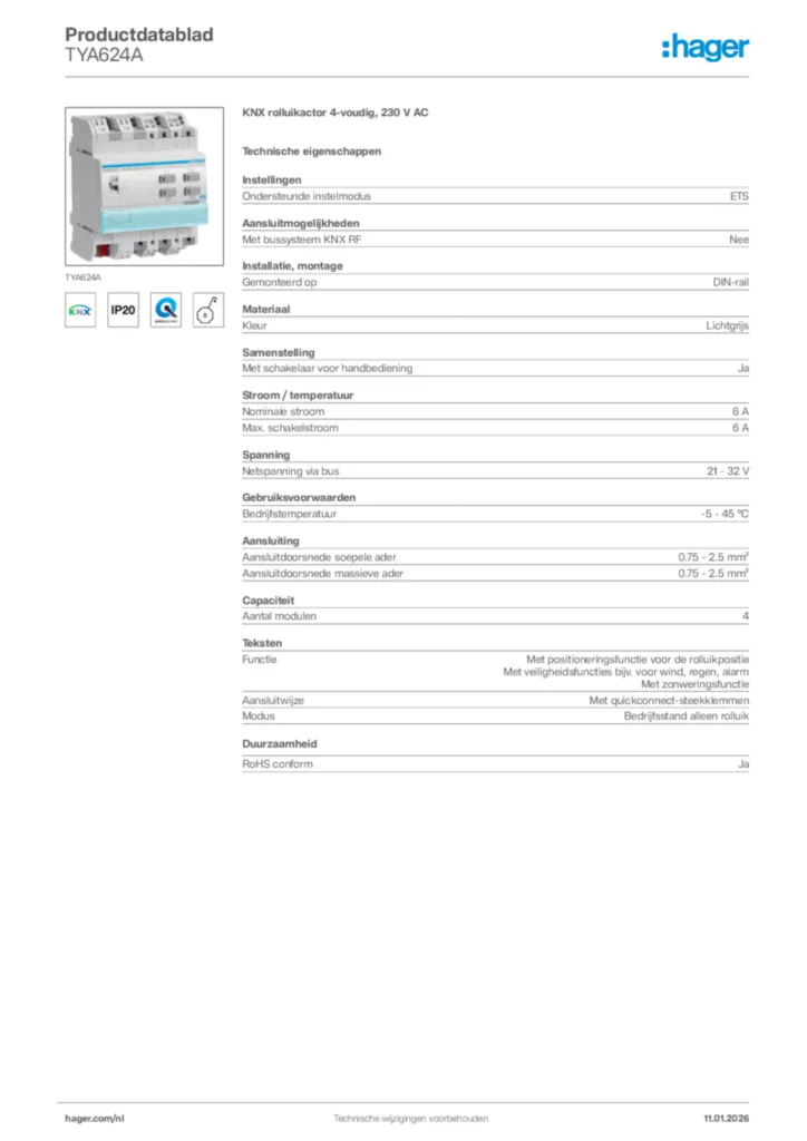 Afbeelding Hager Productdatablad TYA624A | Hager Nederland