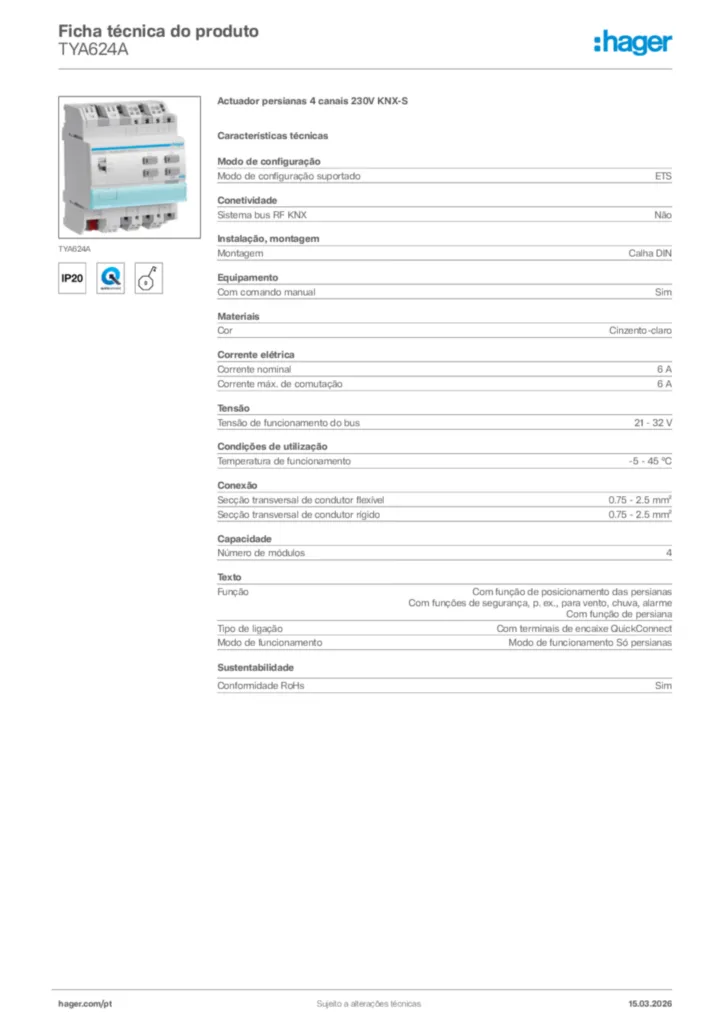 Imagem Hager Ficha técnica do produto TYA624A | Hager Portugal