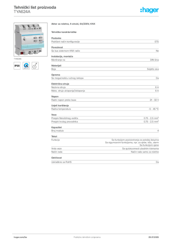 Slika Hager Product data sheet TYA624A  | Hager