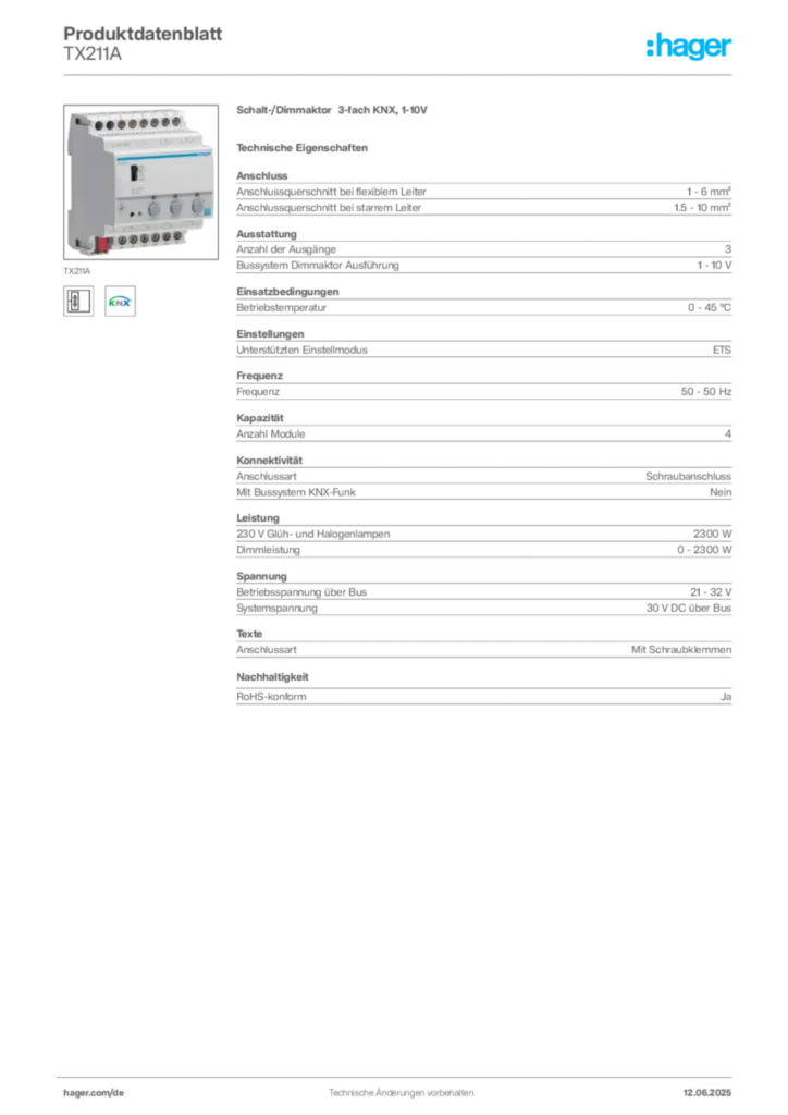 Hager Produktdatenblatt TX211A