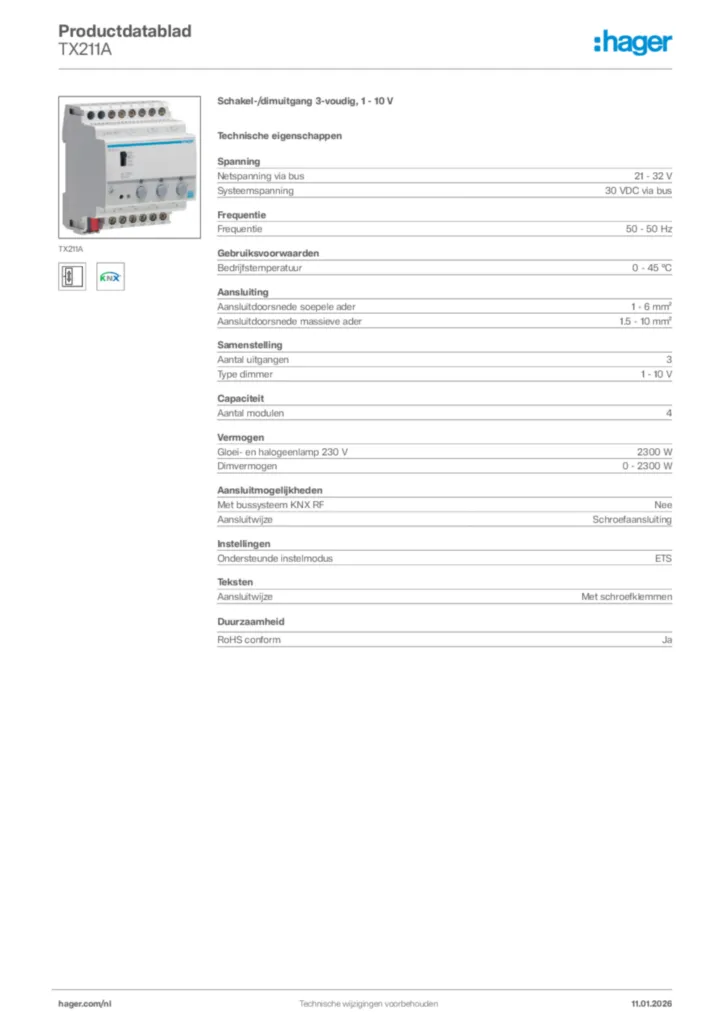 Afbeelding Hager Productdatablad TX211A | Hager Nederland