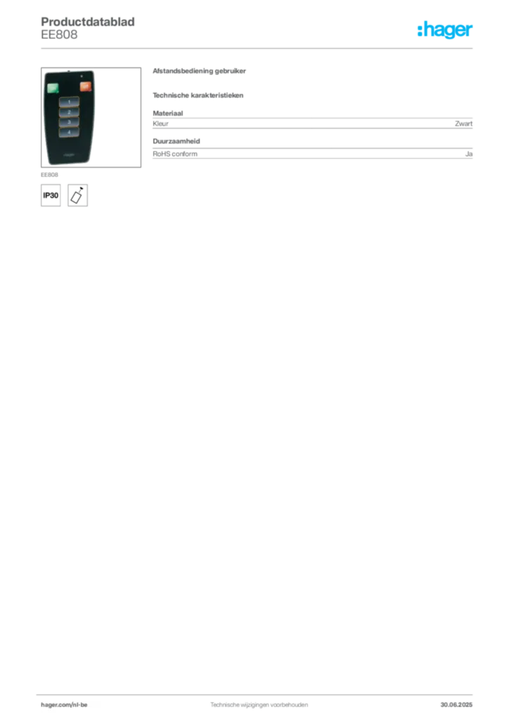 Afbeelding Hager Productdatablad EE808 | Hager Belgium