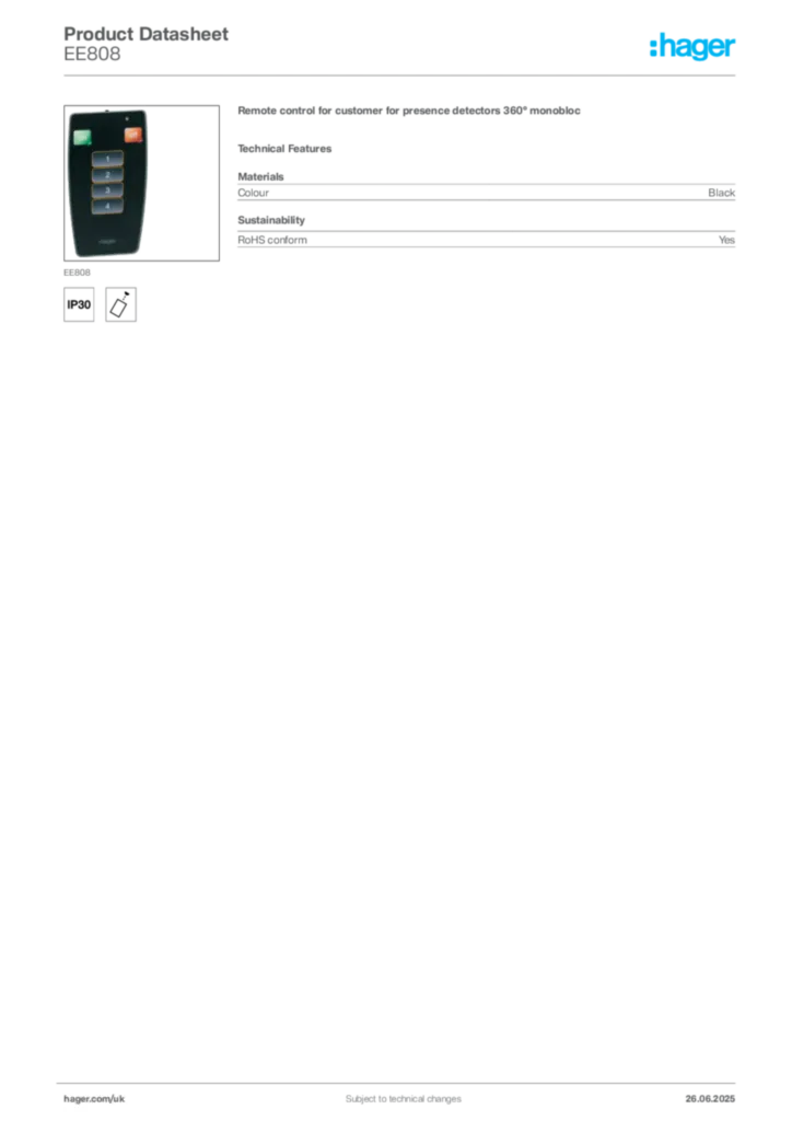 Image Hager Product data sheet EE808  | Hager