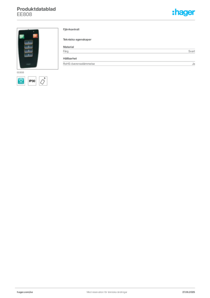 Bild Hager Produktdatablad EE808 | Hager Sverige