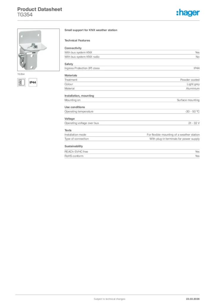 Image Hager Product data sheet TG354  | Hager Africa