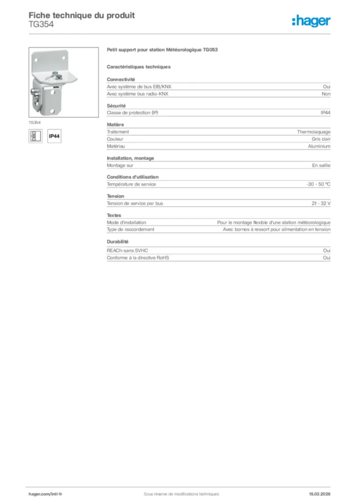 Image Hager Fiche technique du produit TG354 | Hager Afrique