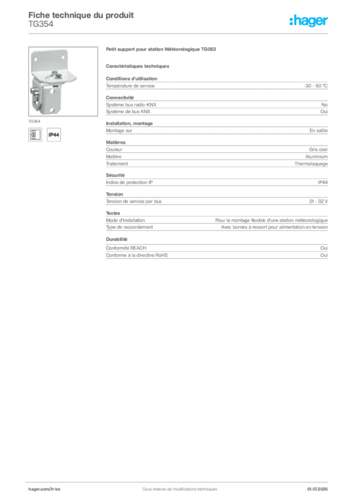 Image Hager Fiche technique du produit TG354 | Hager Belgique
