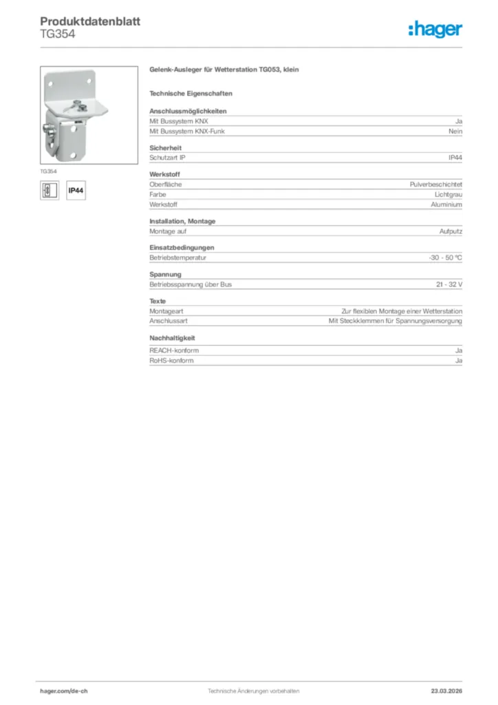 Bild Hager Produktdatenblatt TG354 | Hager Schweiz