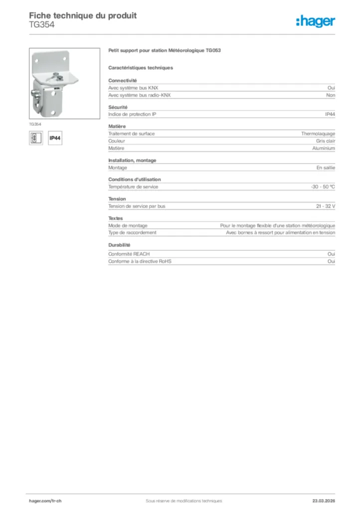 Image Hager Fiche technique du produit TG354 | Hager Suisse