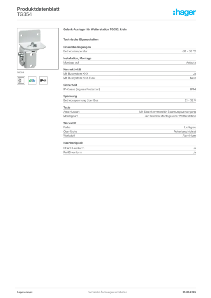 Bild Hager Produktdatenblatt TG354 | Hager Deutschland