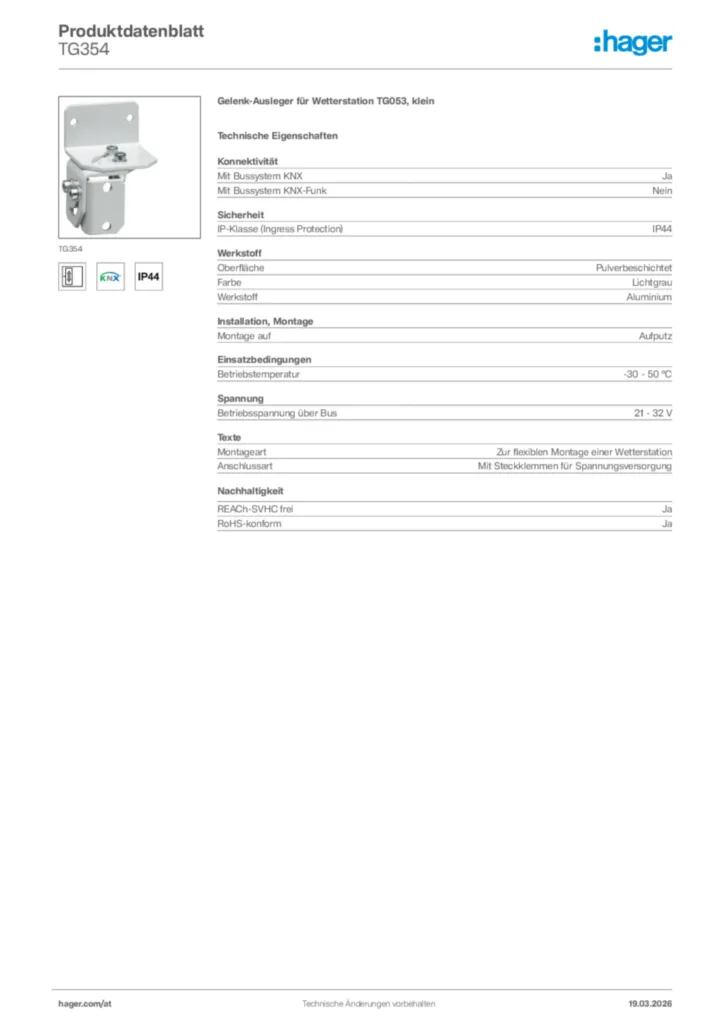 Bild Hager Produktdatenblatt TG354 | Hager Deutschland