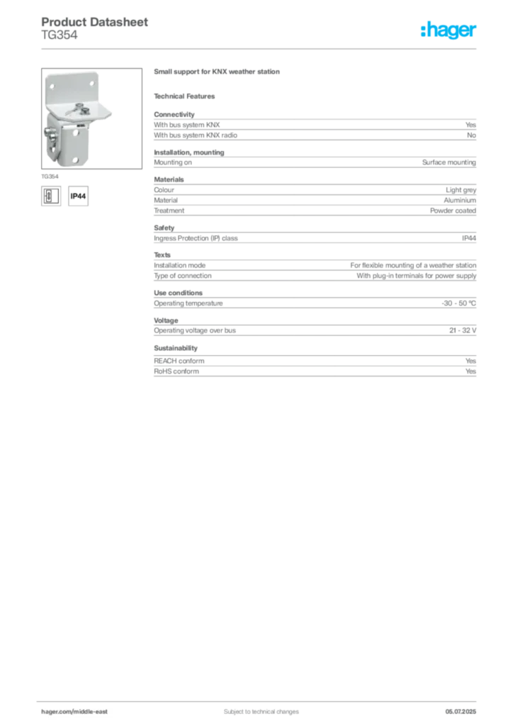 Image Hager Product data sheet TG354  | Hager