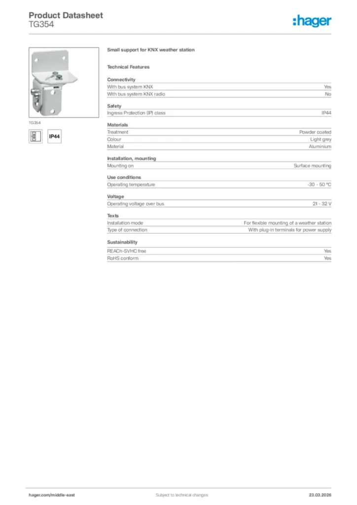 Image Hager Product data sheet TG354  | Hager