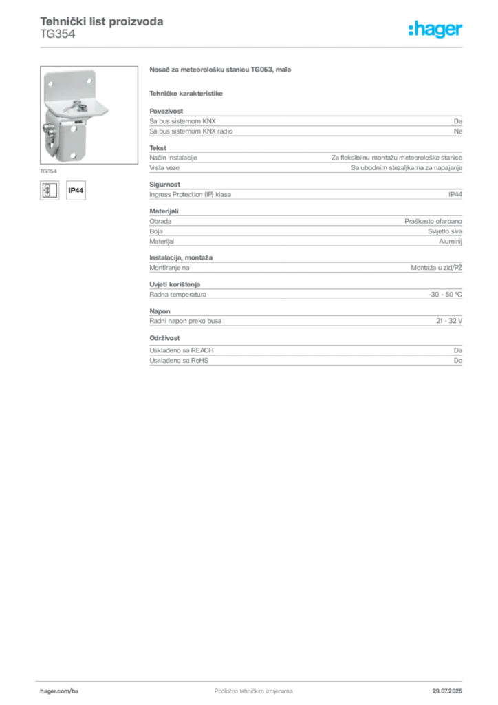 Slika Hager Product data sheet TG354  | Hager