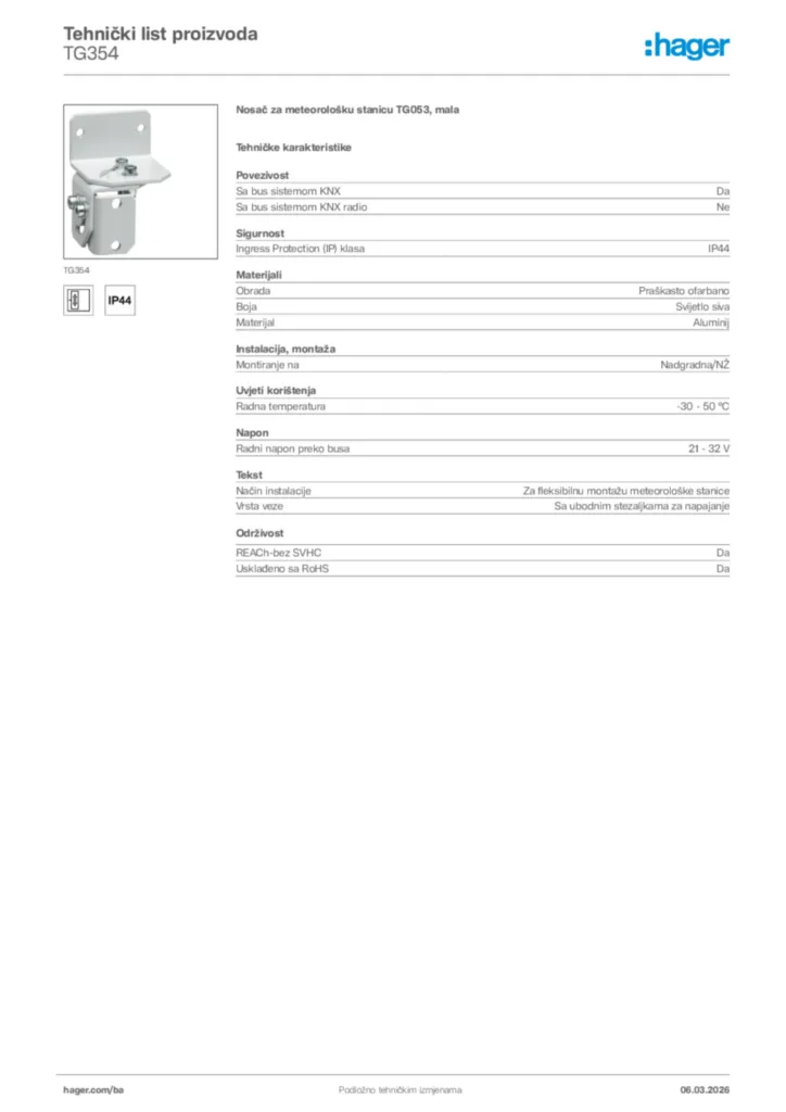 Slika Hager Tehnički list proizvoda TG354  | Hager