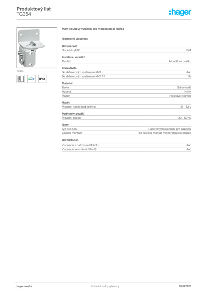 Obrázek Hager Produktový list TG354 | Hager