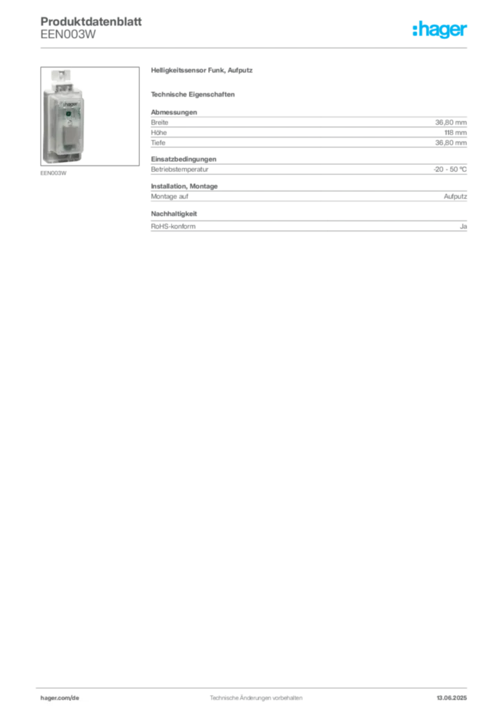 Hager Produktdatenblatt EEN003W