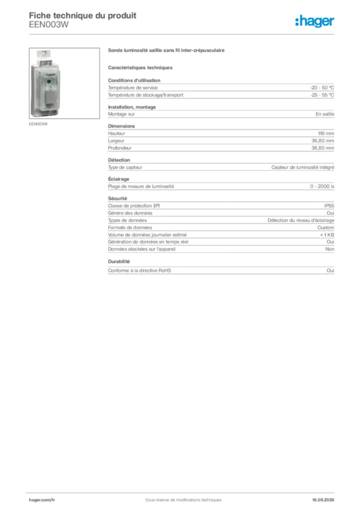 Image Hager Fiche technique du produit EEN003W | Hager France