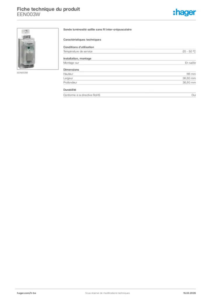 Image Hager Fiche technique du produit EEN003W | Hager Belgique