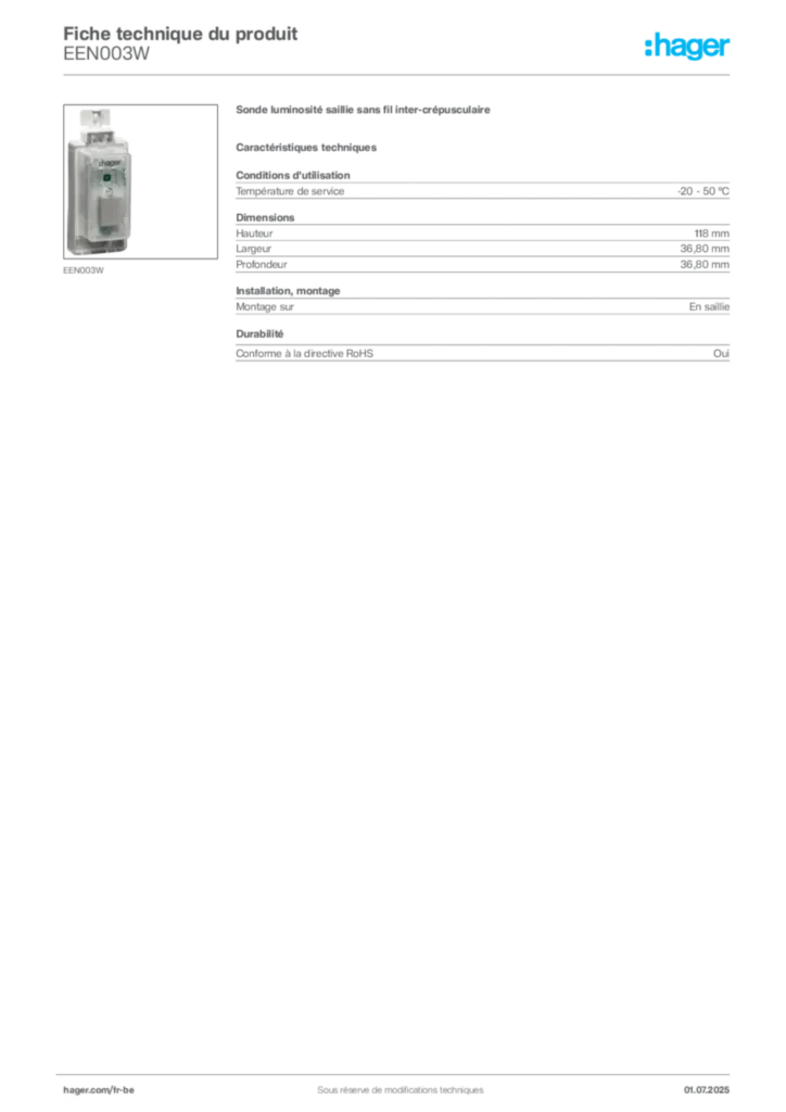 Image Hager Fiche technique du produit EEN003W | Hager Belgique