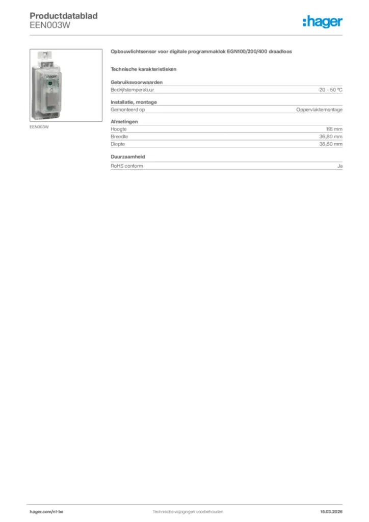 Afbeelding Hager Productdatablad EEN003W | Hager Belgium