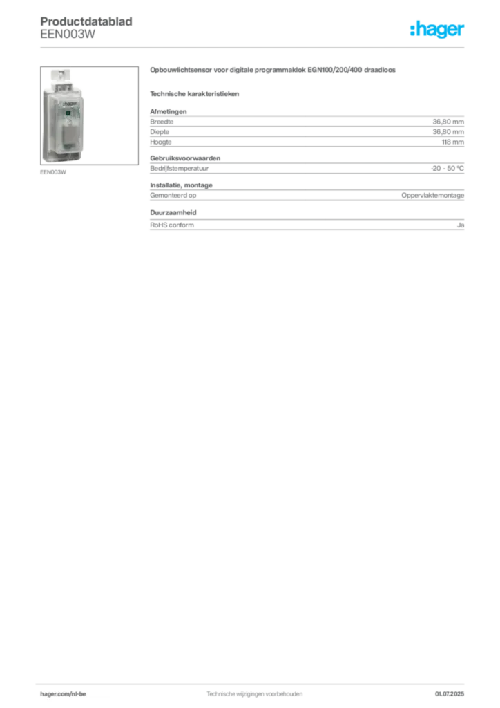 Afbeelding Hager Productdatablad EEN003W | Hager Belgium