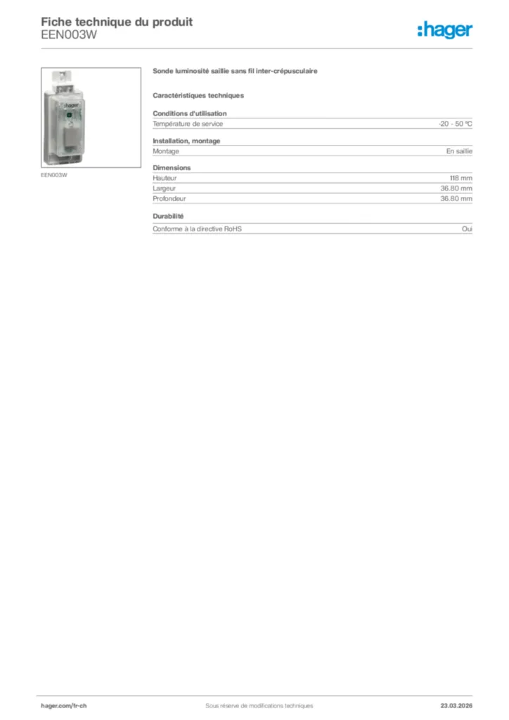 Image Hager Fiche technique du produit EEN003W | Hager Suisse