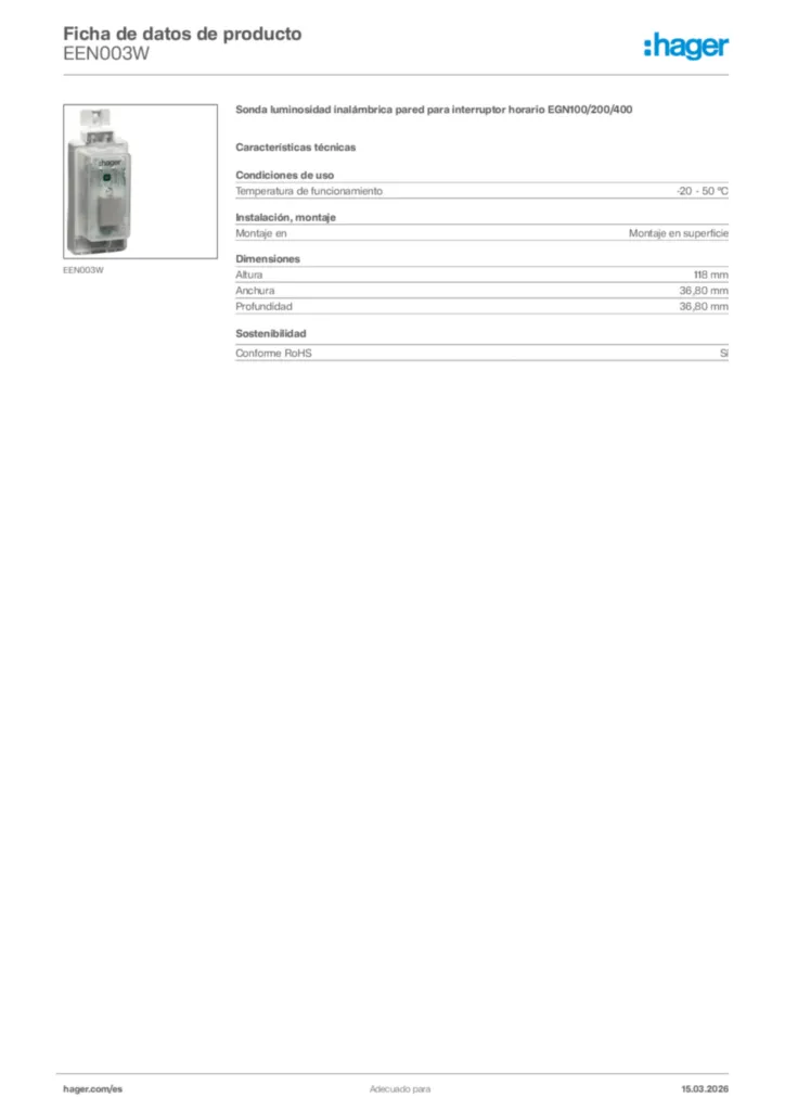 Imagen Hager Ficha de datos de producto EEN003W | Hager España