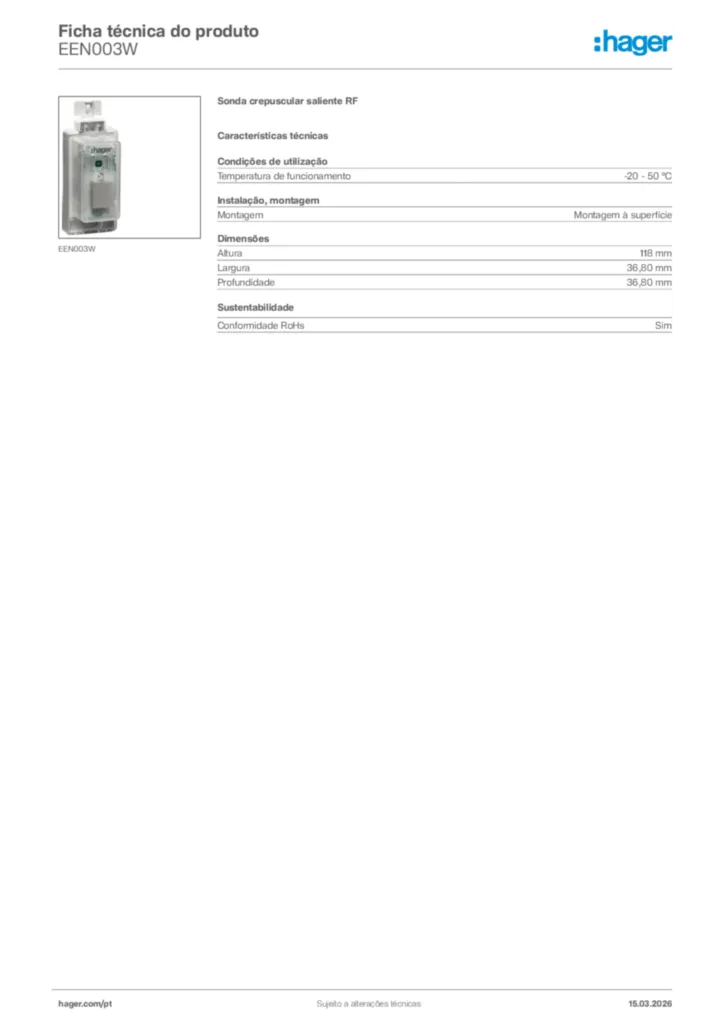 Imagem Hager Ficha técnica do produto EEN003W | Hager Portugal