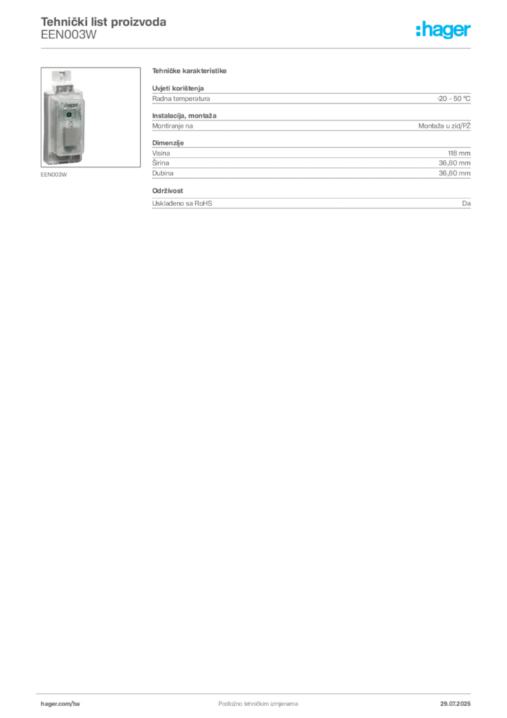 Slika Hager Product data sheet EEN003W  | Hager