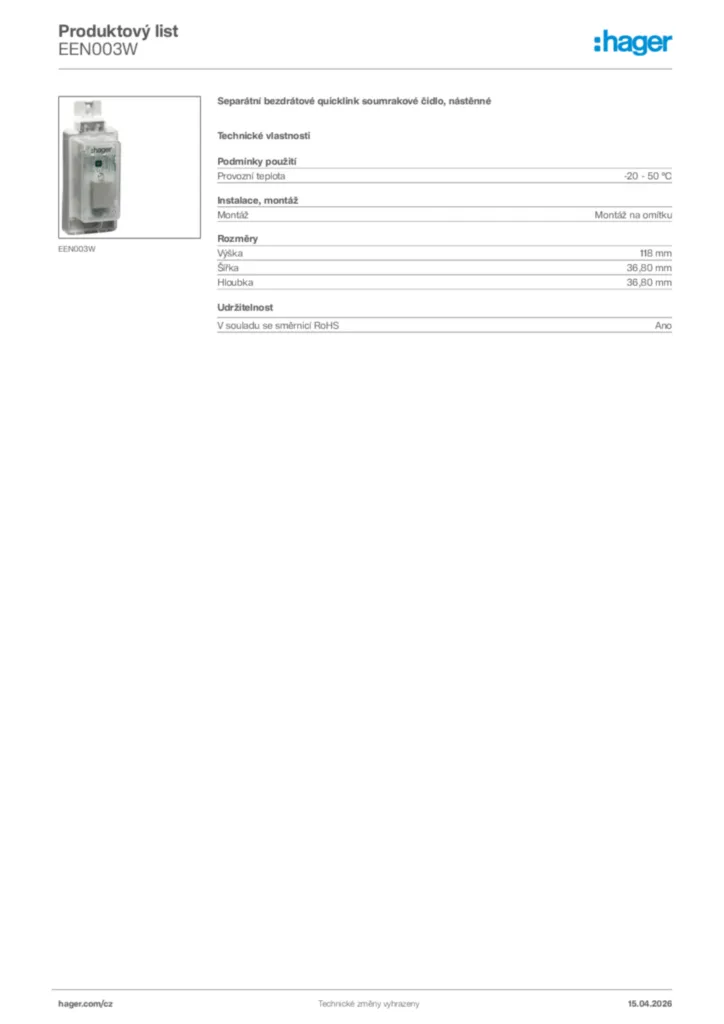 Obrázek Hager Product data sheet EEN003W | Hager